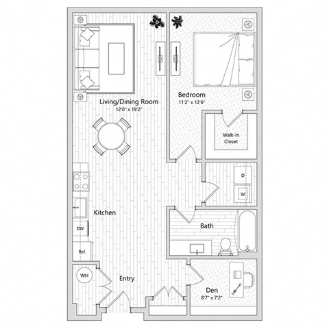 floor plan of a 1 bed 1 bath apartment