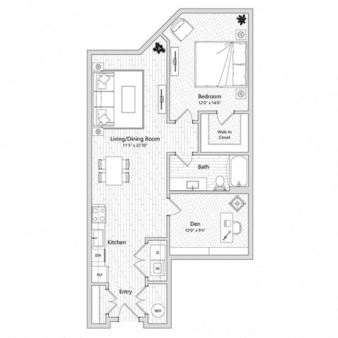 floor plan of a 1 bed 1 bath apartment