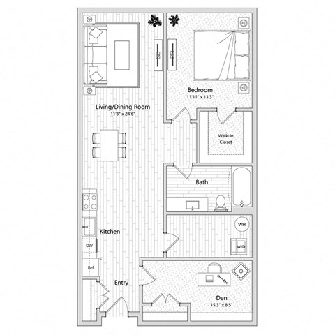 floor plan of a 1 bed 1 bath apartment