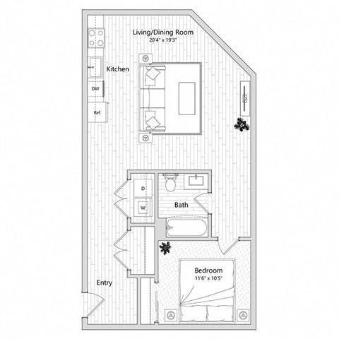 floor plan of a 1 bed 1 bath apartment