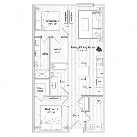 floor plan of a 2 bed 2 bath apartment