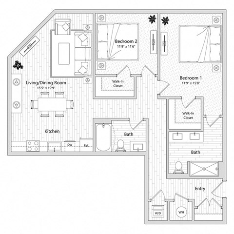 floor plan of a 2 bed 2 bath apartment