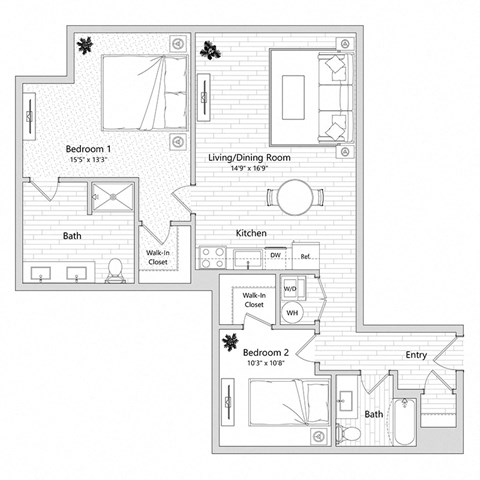 floor plan of a 2 bed 1 bath apartment