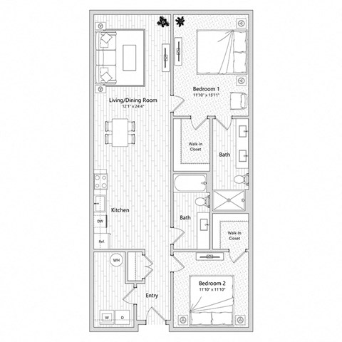 floor plan of a 2 bed 2 bath apartment