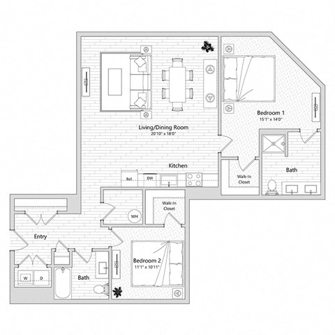 floor plan of a 2 bed 2 bath apartment