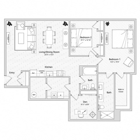 floor plan of a 2 bed 2 bath apartment