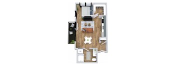 A top-down view of a kitchen and living room layout.