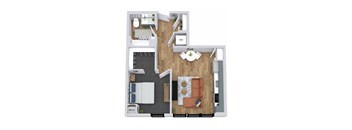 A floor plan of a small apartment with a kitchen, living room, and bathroom.