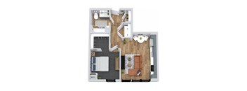 A floor plan of a home with a kitchen, living room, and bathroom.