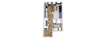A floor plan of a small apartment with a kitchen, living room, and bathroom.