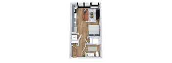 A top-down view of a small apartment layout with a kitchen, living room, and bedroom.