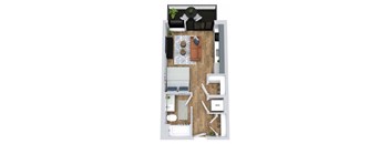A top-down view of a small apartment with a kitchen, living room, and bathroom.