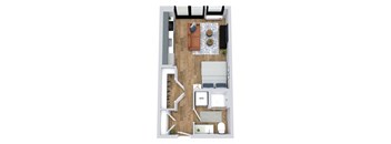 A top-down view of a small apartment with a bed, a couch, a dining table, and a kitchenette.