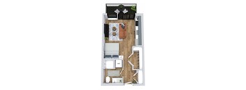 A top-down view of a modern apartment layout with a kitchen, living room, and bathroom.