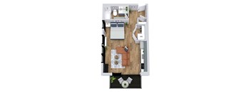 A top-down view of a living room with a couch, coffee table, and kitchen area.