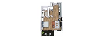 A top down view of a living room, kitchen, and dining area.