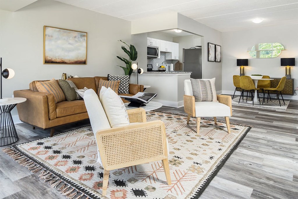a living room with a couch and chairs and a rug