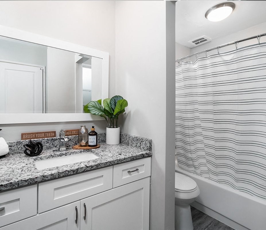 a bathroom with a shower and a sink and a mirror