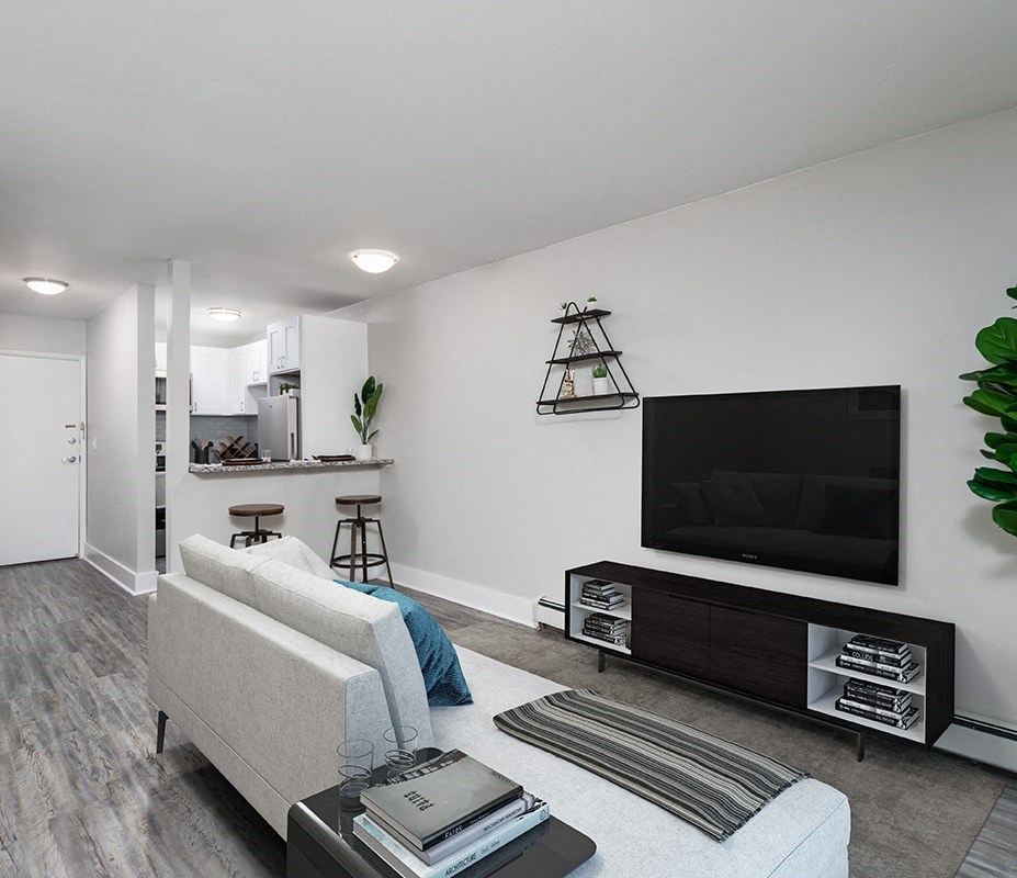 a living room with a couch and a television