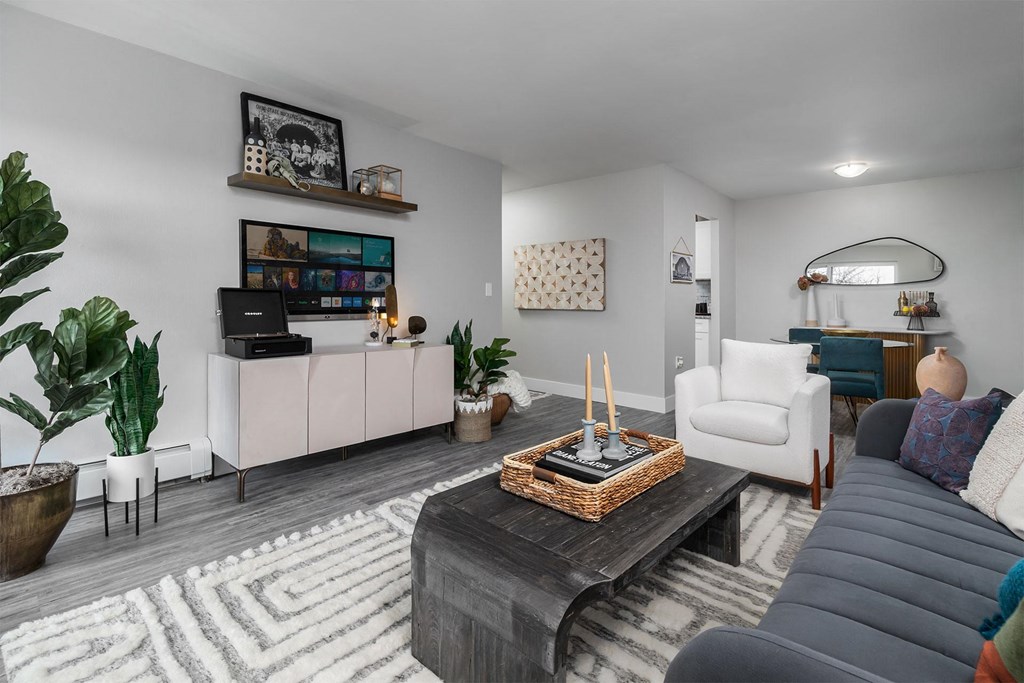 a living room with a couch and a coffee table