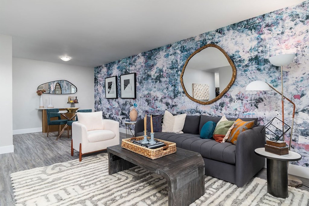 a living room with a couch and a coffee table