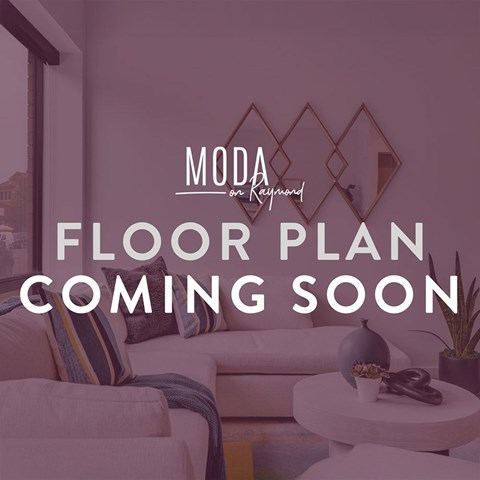 A living room with a couch, a table, and a text that says "FLOOR PLAN COMING SOON".