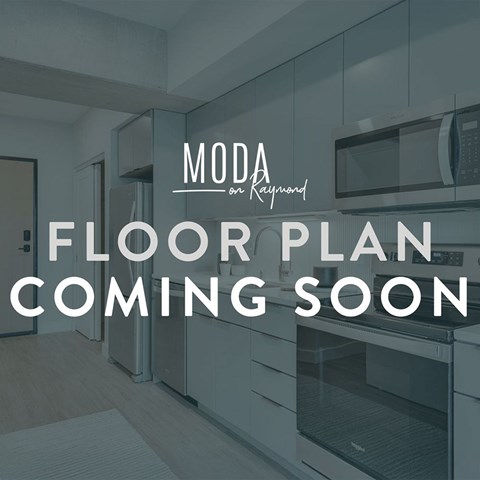 A kitchen interior with a sign that says "FLOOR PLAN COMING SOON".