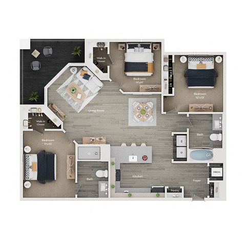 3 bed 2 bath apartment floor plan