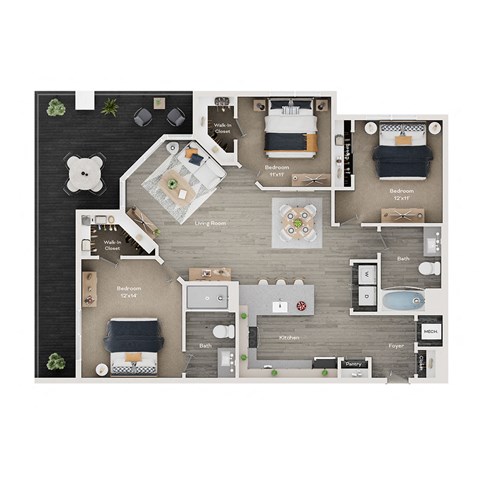3 bed 2 bath apartment floor plan