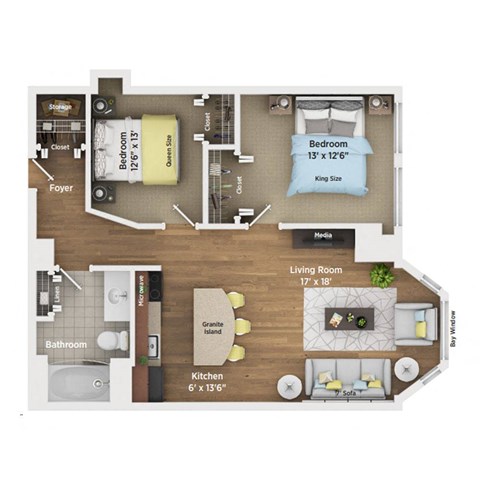 2 bed 1 bath apartment floor plan