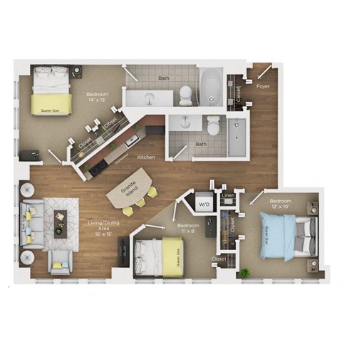 3 bed 2 bath apartment floor plan