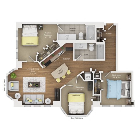 3 bed 2 bath apartment floor plan