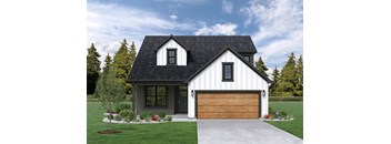 a home with a brown garage door and white siding