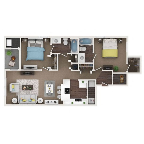 A top-down view of a small apartment layout with a kitchen, living room, and bedroom.