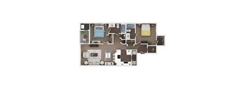 A top-down view of a small apartment layout with a kitchen, living room, and bedroom.