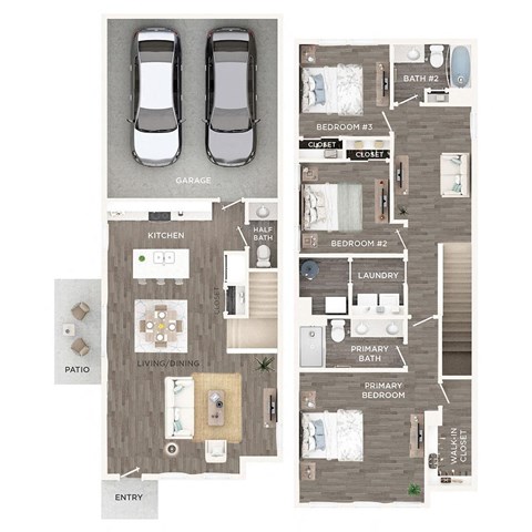 A floor plan of a house with two bedrooms, a living room, a kitchen, a bathroom, a garage, and a patio.