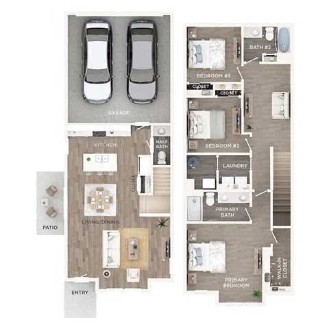 A floor plan of a house with a garage, two bedrooms, a living area, a kitchen, a laundry room, and a bathroom.