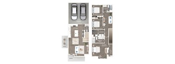 A floor plan of a house with a garage, kitchen, living room, dining room, and multiple bedrooms.