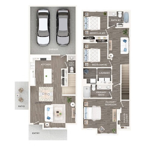 A floor plan of a house with a garage, kitchen, living room, dining room, and multiple bedrooms.