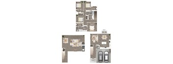 A floor plan of a house with a garage and a patio.
