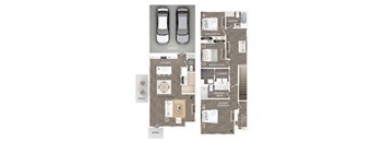 A floor plan of a house with two bedrooms, a living room, a kitchen, a bathroom, a garage, and a patio.