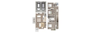 A floor plan of a house with a garage, two bedrooms, a living area, a kitchen, a laundry room, and a bathroom.