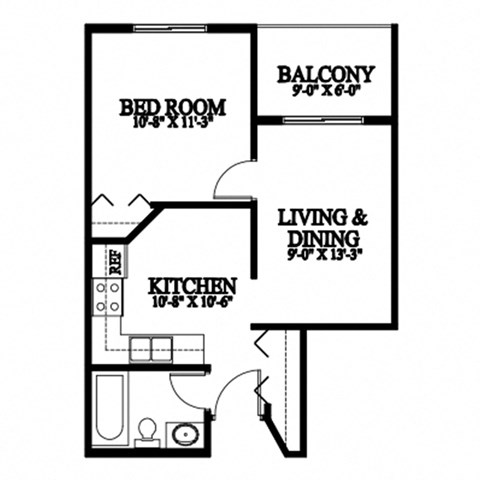 A black and white image of a floor plan for a small apartment.