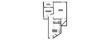 A black and white image of a floor plan for a living space.