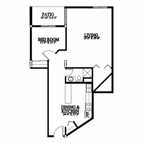 A black and white image of a floor plan for a living space.