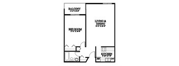 A black and white image of a floor plan for a small apartment.