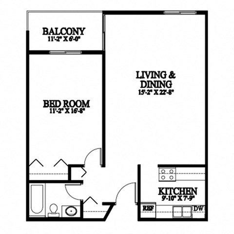 A black and white image of a floor plan for a small apartment.