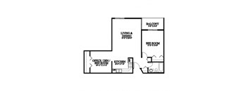 A floor plan of a home with a living and dining room, kitchen, office/den, bedroom, and balcony.