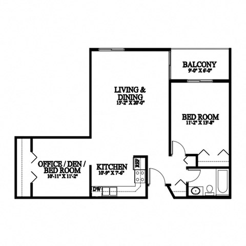 A floor plan of a home with a living and dining room, kitchen, office/den, bedroom, and balcony.