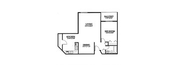 A floor plan of a living space with a kitchen, dining area, and bedroom.